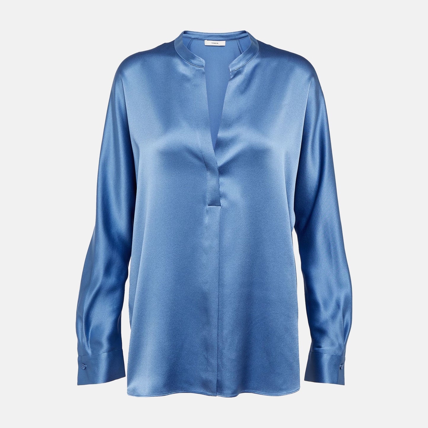 Silk satin band-collar blouse